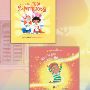 Book covers for "We're the New Superheroes" and "How Far Will Your Smile Go?"